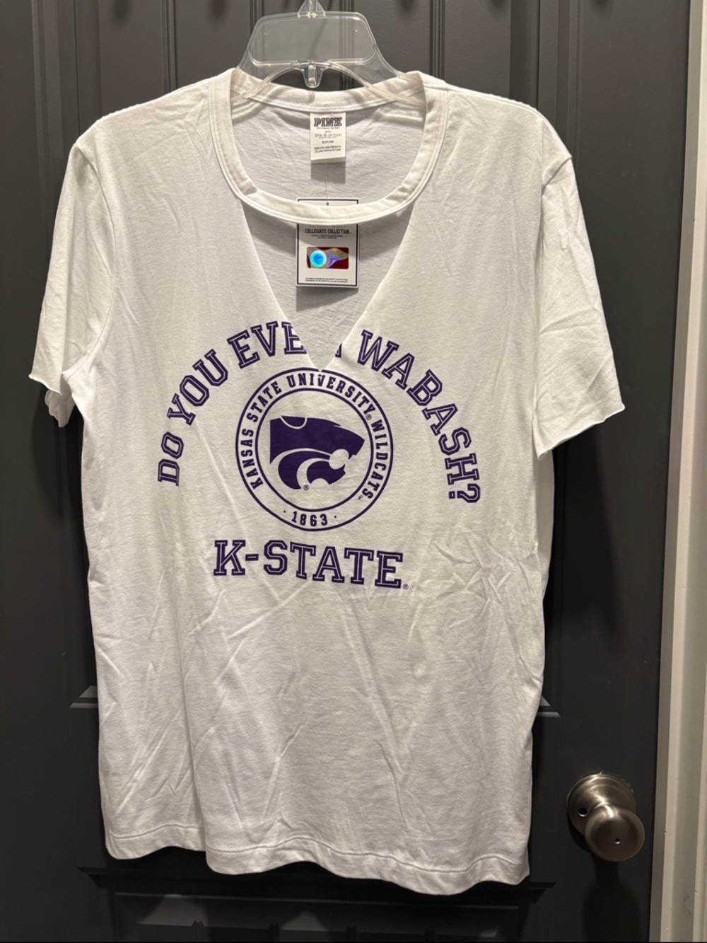 PINK Victoria's Secret White K-State Short Sleeve Tee with Purple Graphic